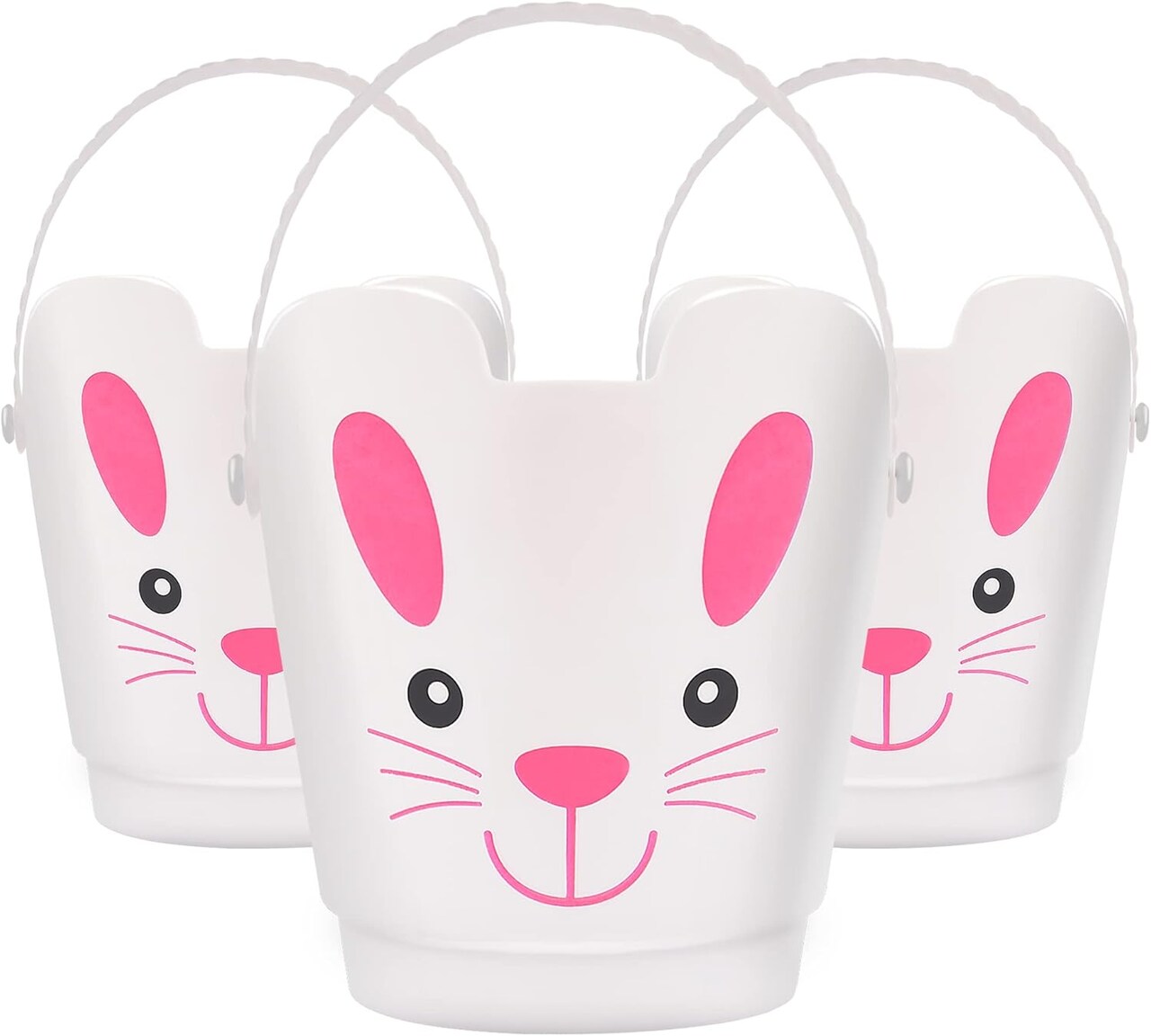 Easter Buckets, Set of 3 Plastic Easter Bunny Baskets with Handles, Empty Plastic Easter Pails for Kids Easter Egg Hunt Party Favors